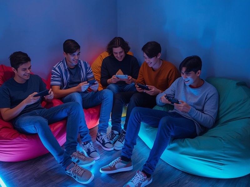 Relaxed console hybrid zone with beanbags and soft lighting for between-session downtime